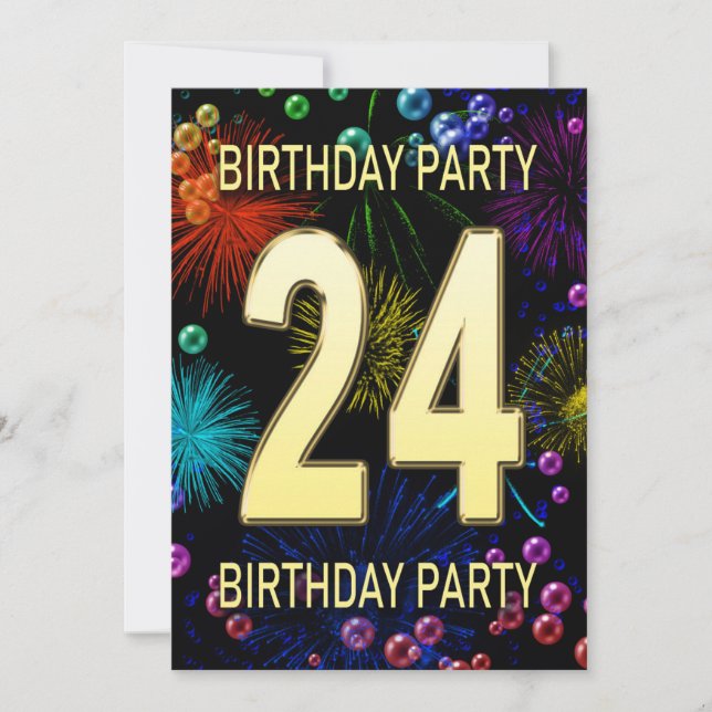 24th Birthday Party Invitation Fireworks Bubbles (Front)