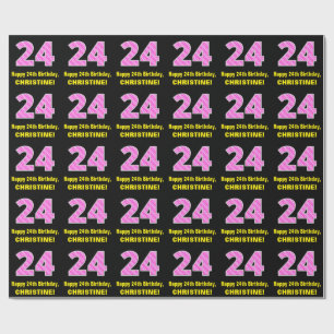 24th Birthday: Pink Stripes and Hearts "24" + Name Wrapping Paper