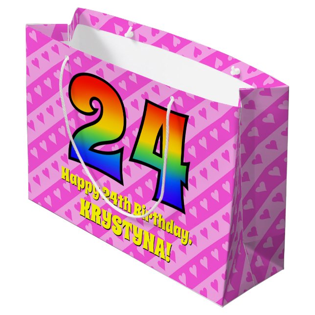 24th Birthday: Pink Stripes & Hearts, Rainbow # 24 Large Gift Bag (Back Angled)