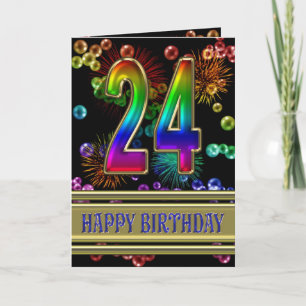 24th Birthday with rainbow bubbles and fireworks Card