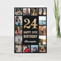 24th Happy Birthday Black and Gold Photo Collage