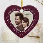 24th Wedding Anniversary Photo Ceramic Ornament<br><div class="desc">Celebrate a 24th happy year of marriage with a custom photo ornament in a delightful heart shape frame. Simply upload your own photo of the married couple and it will appear in the cutout. The eggplant (aubergine) colour surround features a white script font and decorations. The words are: 24th Wedding...</div>