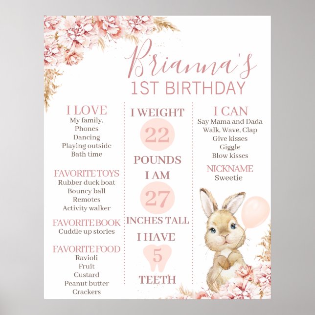 24x30 Boho Floral Bunny 1st Birthday Milestone Poster (Front)