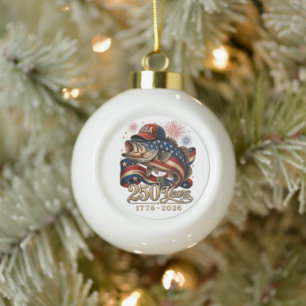 250 America 1776 2026 Bass Fishing USA Flag Ceramic Ball Christmas Ornament