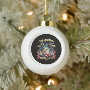 250 Years American Anniversary 1776-2026 USA Flag Ceramic Ball Christmas Ornament