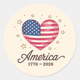 250 Years Flag Heart 1776 2026 250th 4th Of July Classic Round Sticker