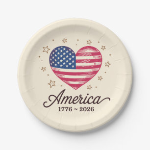 250 Years Flag Heart 1776 2026 250th 4th Of July Paper Plate