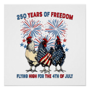 250 Years Funny Chickens Flying High Fireworks 4th Poster