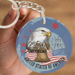 250 Years of America Eagle & Liberty We The People Keychain<br><div class="desc">Carry a piece of history with this premium 250th-anniversary keychain. This double-sided design features a patriotic collage with the American Bald Eagle and Liberty Bell on a distressed blue background. The reverse side showcases a clean layout with our custom, hand-drawn "We the People" script and the 1776–2026 commemorative seal. A...</div>