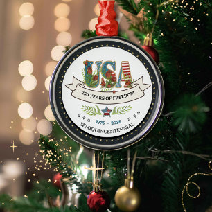 250 Years of Freedom Botanical USA Silver  Metal Ornament
