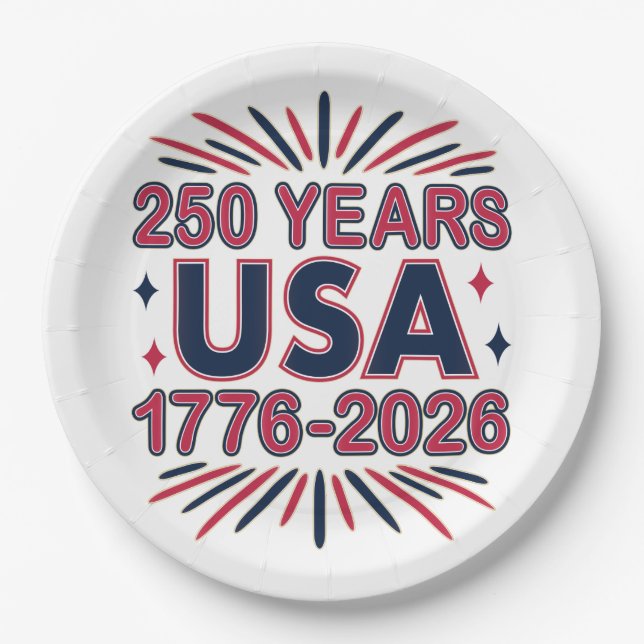 250 Years USA | 1776–2026 Semiquincentennial Paper Plate (Front)