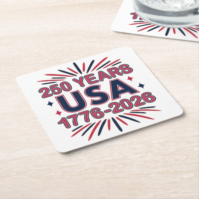 250 Years USA | 1776–2026 Semiquincentennial Square Paper Coaster (Angled)