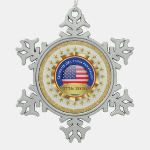 250th Anniversary USA Patriotic 1776–2026 Snowflake Pewter Christmas Ornament