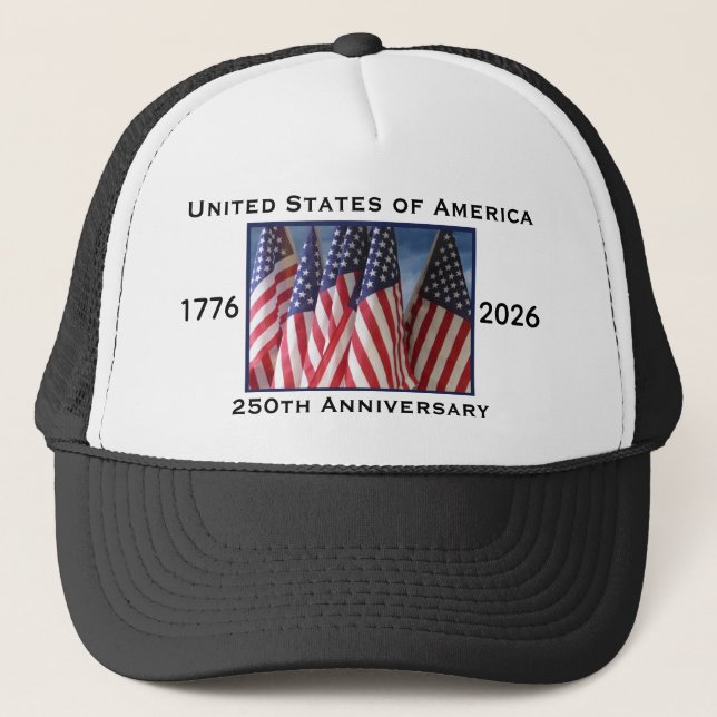 250th Anniversary USA Patriotic Black White Trucker Hat (Front)