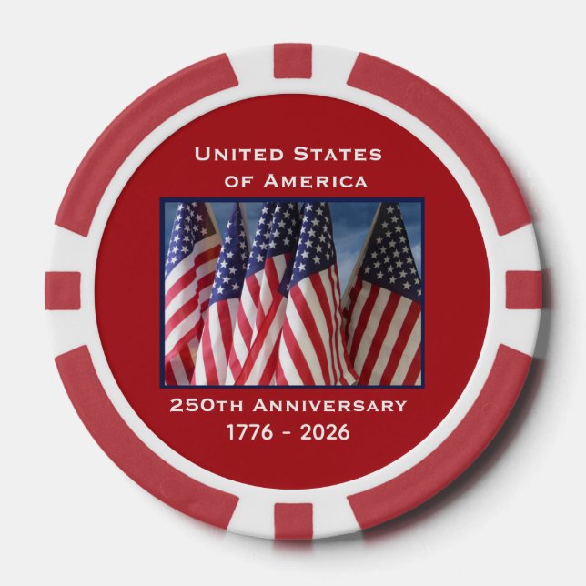250th Anniversary USA Patriotic Flags Premium Red Poker Chips (Front)