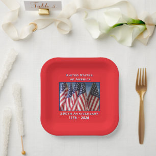 250th Anniversary USA Patriotic Flags Square Paper Plate