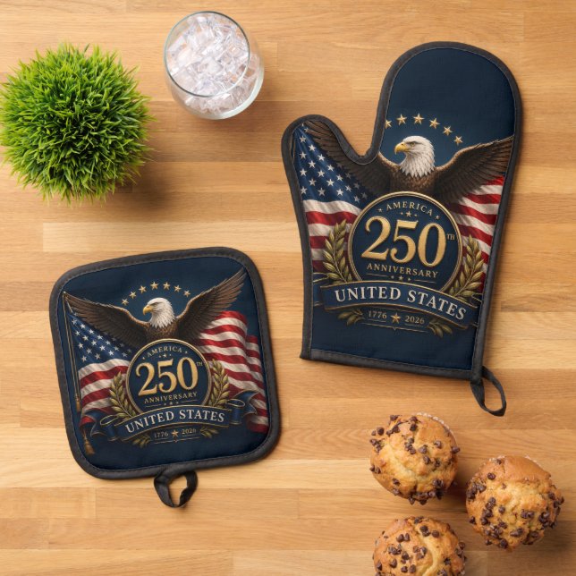 250th Anniversary USA Patriotic Keepsake Oven Mitt & Pot Holder Set (Top Down)