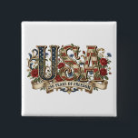 250th Anniversary USA Semiquincentennial  2 Inch Square Button<br><div class="desc">Celebrate this extra special milestone Independence day with an anniversary button! This button features USA in bold red letters with a stars and stripes patterned with additional lettering that says "250 years of freedom" on the back. Perfect for celebrating the 250th anniversary of America.</div>