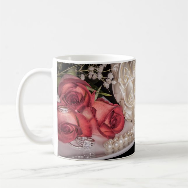 2586-Roses with Wedding Rings, Pearl Coffee Mug (Left)