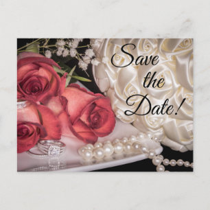 2586-White & Red Roses, Rings, Bouquet, Pearls Invitation Postcard