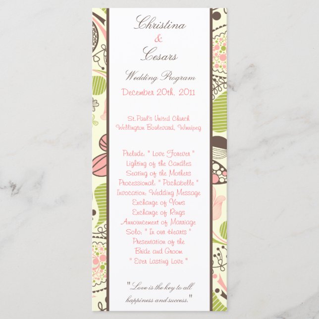 25 4 x 9 Programme de mariage Printemps Rose/Vert  (Devant)