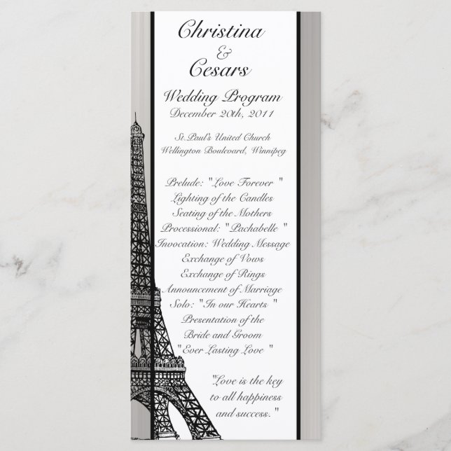 25 4 x 9 Wedding Program Black Eiffel Tower (Front)