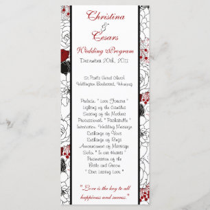 25 4 x 9 Wedding Program Black Flowers Red leaves