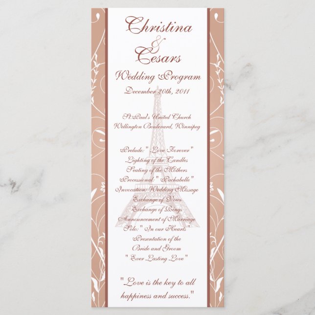 25 4 x 9 Wedding Program Floral Spiral in Paris (Front)