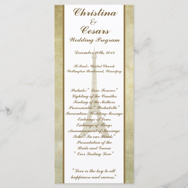 25 4 x 9 Wedding Program Vintage Paris (Front)