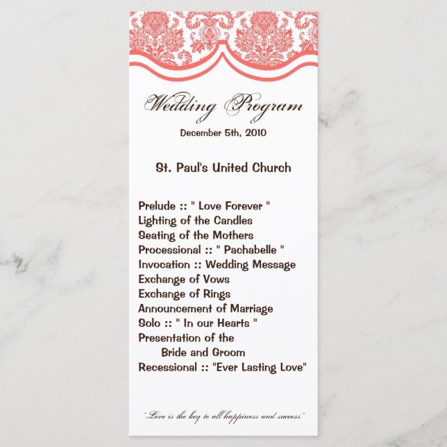 25 4x9 Programme de mariage Coral Pin Blanc Damas  (Devant)