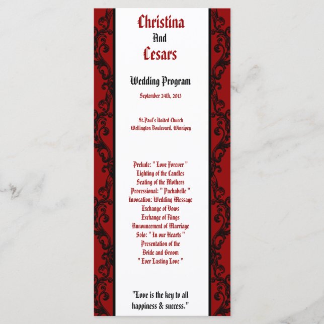 25 4x9 Programme de mariage Crimson Red Ornate Emb (Devant)