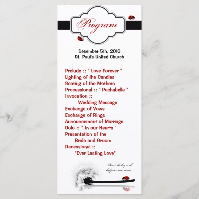 25 4x9 Programme de mariage Lady Bug Dandilion Fle (Devant)