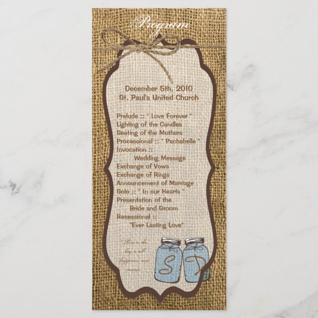 25 4x9 Programme de mariage Mason Jar Burlap Pays  (Devant)