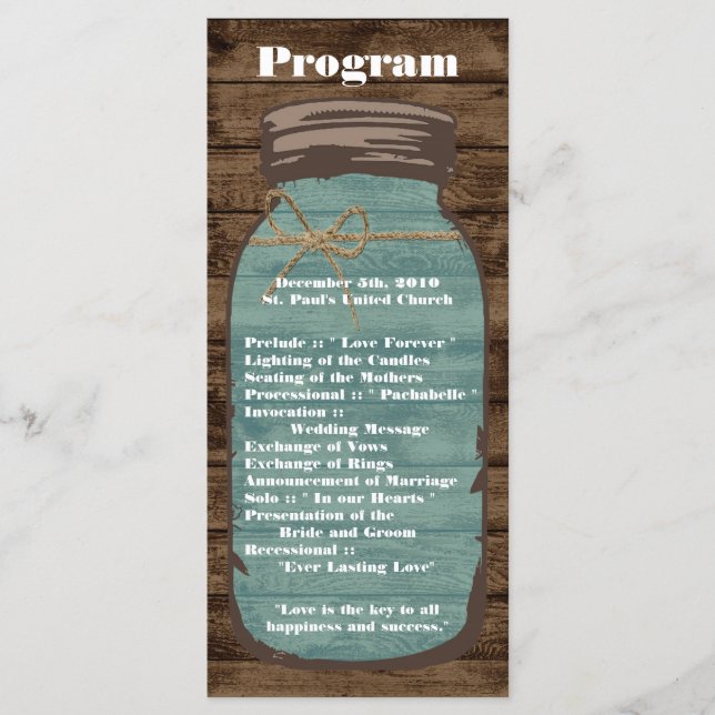 25 4x9 Programme de mariage Mason Jar Wood Pays (Devant)