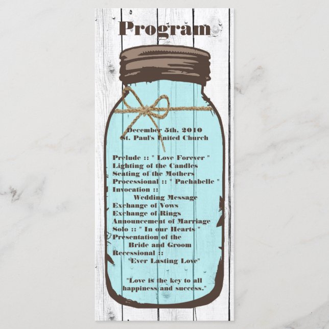 25 4x9 Programme de mariage Mason Jar Wood Pays (Devant)