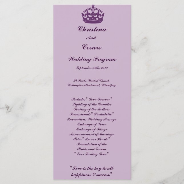25 4x9 Programme de mariage Royal Purple Crown/Swi (Devant)
