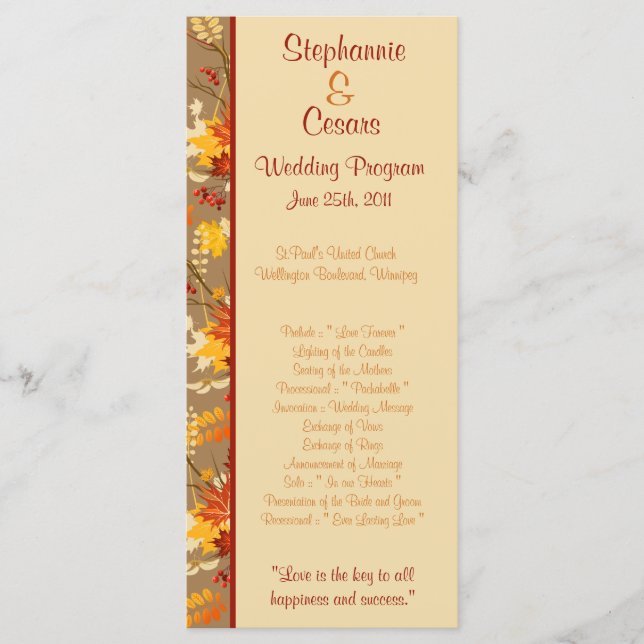 25 4x9 Wedding Program Autumn Branch Leaves (Front)