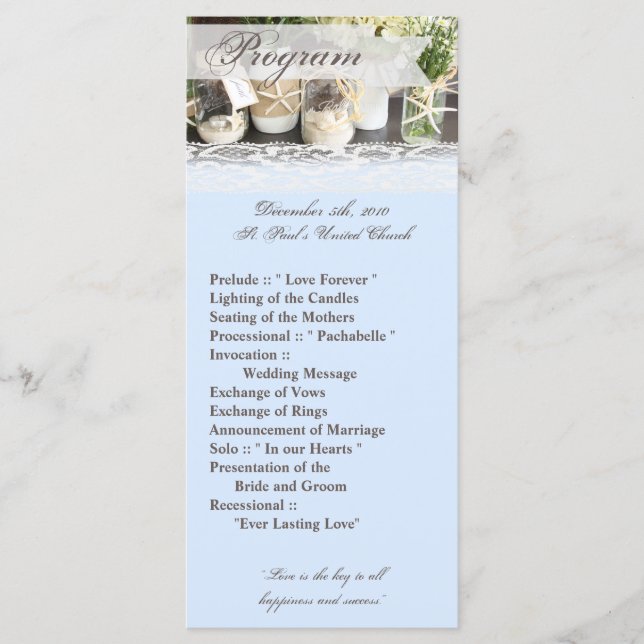 25 4x9 Wedding Program Beach Sea Mason Jars Ocean (Front)