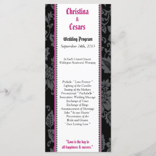 25 4x9 Wedding Program Black Floral Hot Pink Strip