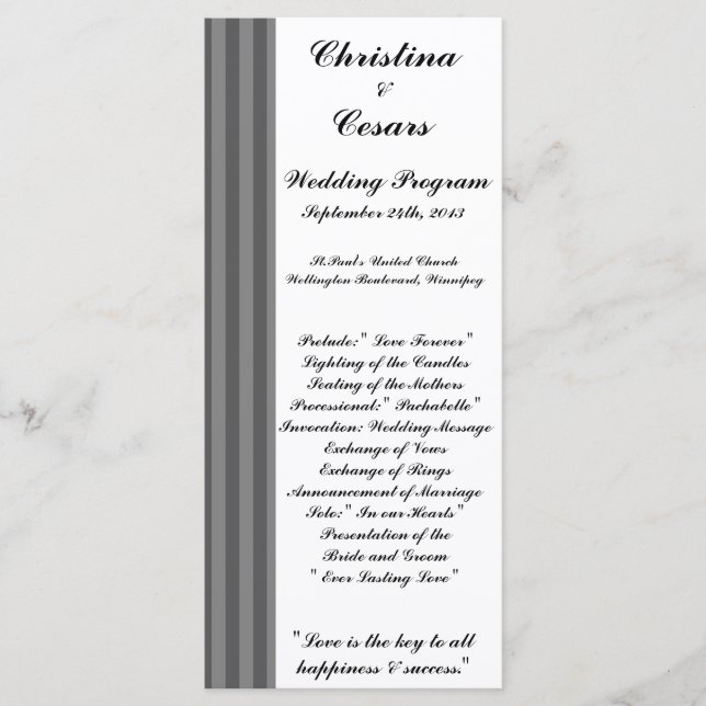 25 4x9 Wedding Program Black Grey Flourish Stripes (Front)