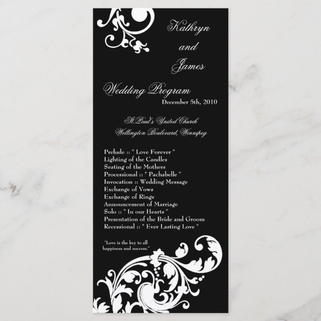 25 4x9 Wedding Program Black White Floral Filigree (Front)