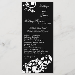 25 4x9 Wedding Program Black White Floral Filigree