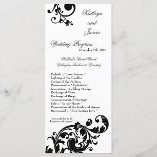 25 4x9 Wedding Program Black White Floral Filigree
