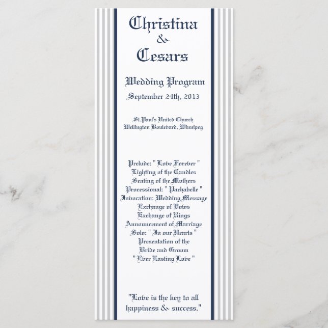 25 4x9 Wedding Program Blue Seahorse stripes beach (Front)