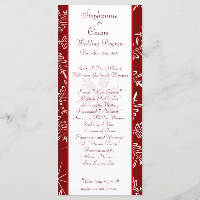 25 4x9 Wedding Program Christmas Red Snowflakes (Front)