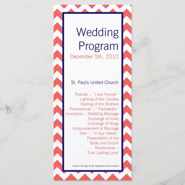25 4x9 Wedding Program Coral Navy Blue Chevron Nam (Front)