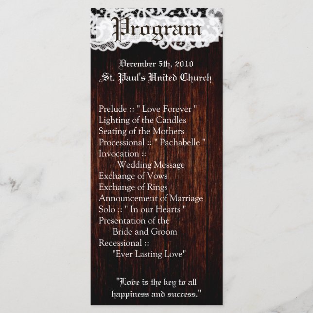 25 4x9 Wedding Program Country Dark Barn Wood Lace (Front)