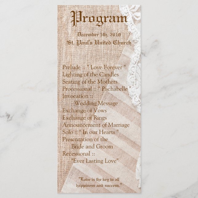 25 4x9 Wedding Program Country Lace Handkerchief (Front)
