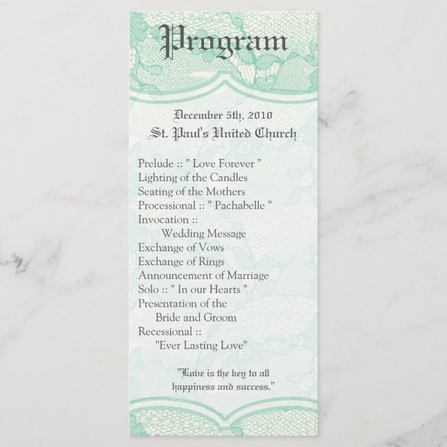 25 4x9 Wedding Program Country Mint Lace Print (Front)