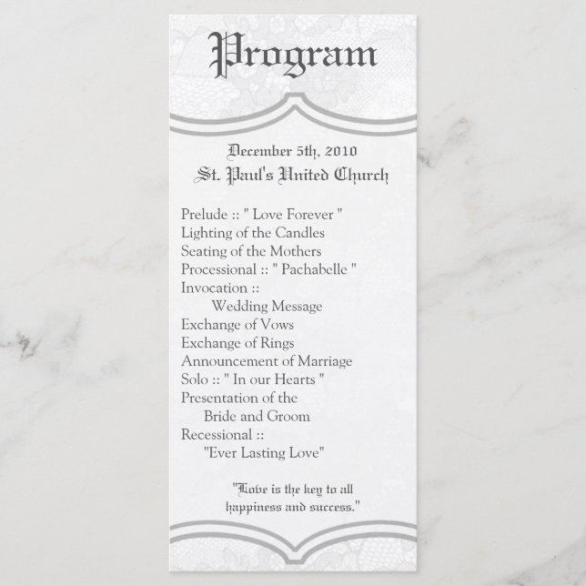 25 4x9 Wedding Program Country White Lace Print (Front)